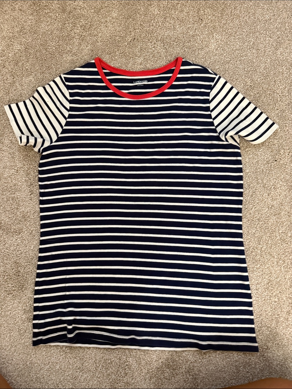 Lands' End Navy & White Striped Short Sleeve Tee with Red Trim
